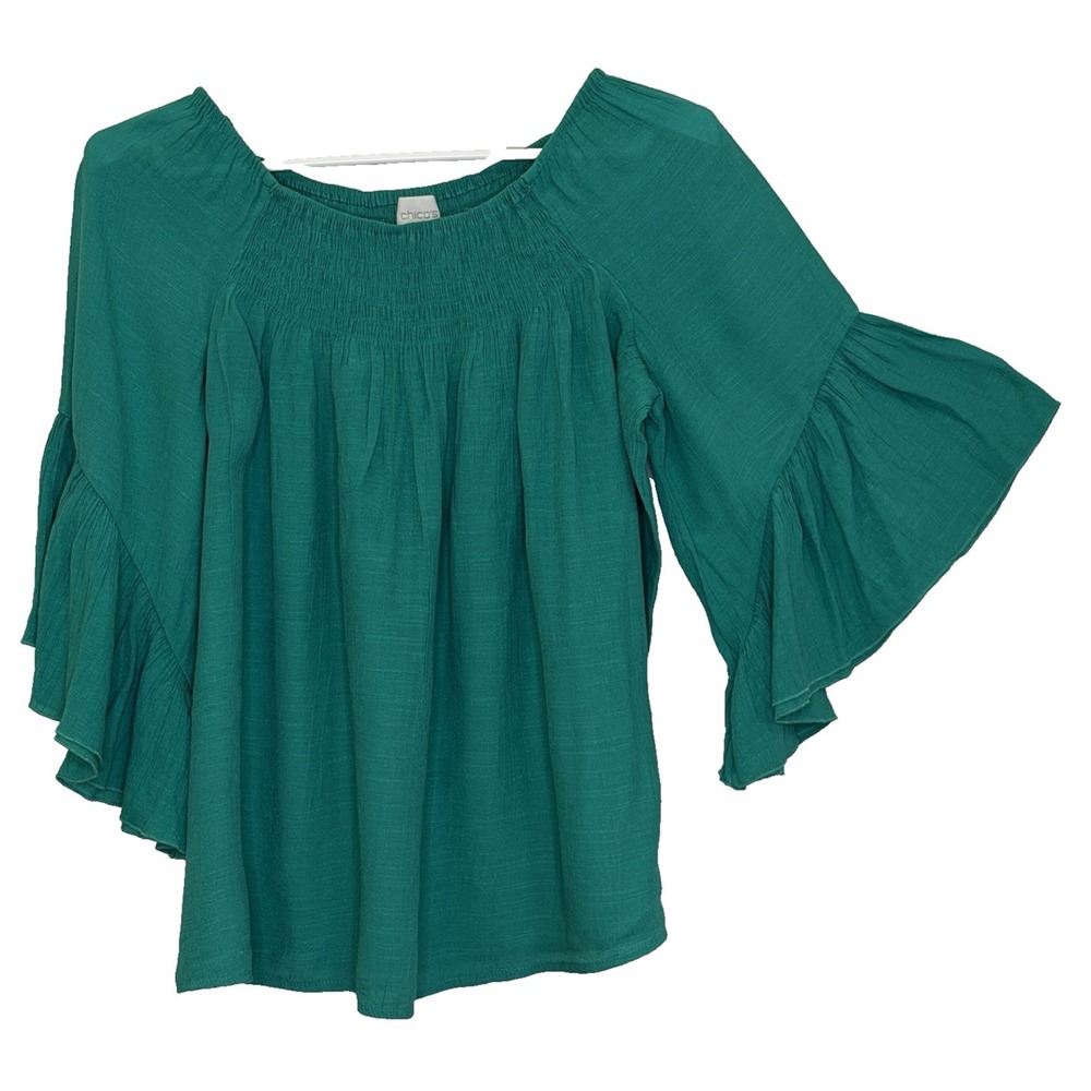 Chico's Top Womens Size 1 Medium Green Round Smocked Neck 3/4 Bell Sleeve Flowy